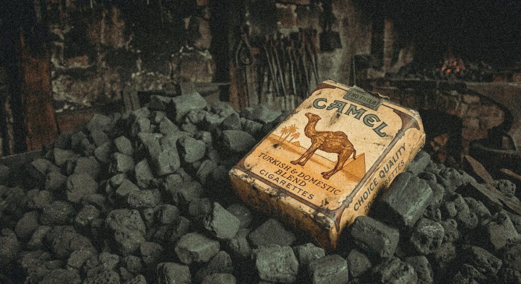Discarded Camel cigarette pack lying on a bed of dark rocks in a dim, smoky setting with a small fire in the background.